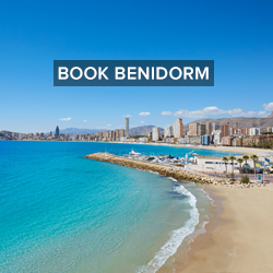 Benidorm beach with sand, sea and glitzy hotels